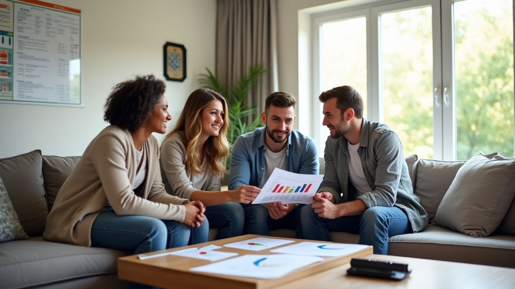 A group of four people sits on a couch, smiling and discussing about what air conditioner to use, creating a collaborative and friendly atmosphere.