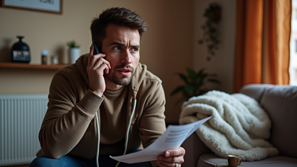 A man in his living room calling for a professional air conditioning technician 