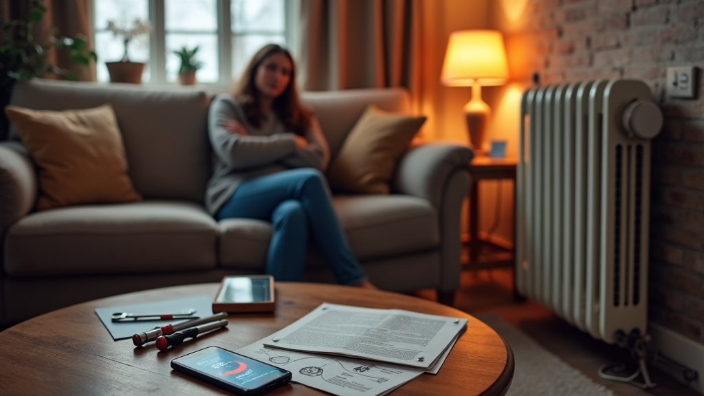 woman on the couch upset because she cant figure out what is wrong with her ac unit. Calling a professional to come and do an inspection