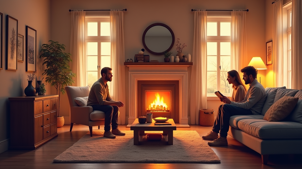 a woman, a man, and a technician sitting in a living room going over the different energy saving properties on different heater types