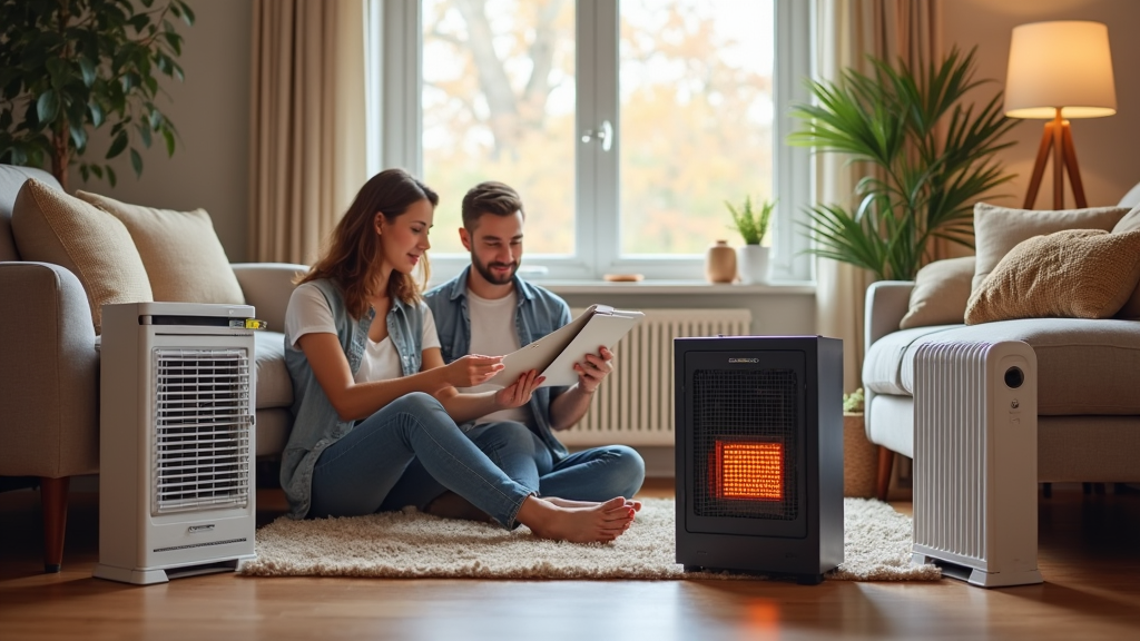 A man and woman sit on the floor, looking through a booklet about heater deciding on which one to choose