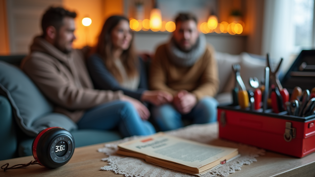 A family sitting in their living room with a tool box filled with tool on a table 