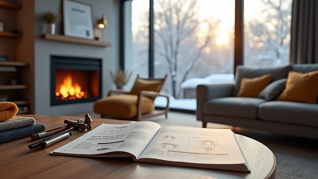 An air conditioning manual guide sitting on a table with some tools inside a house.