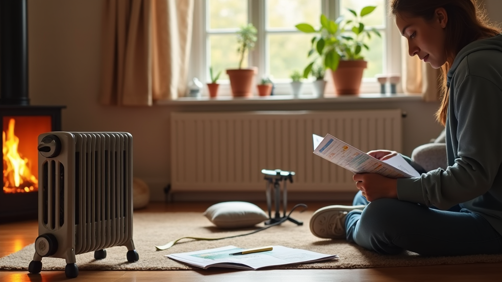 woman holding a book going over safety features inj her living room with he heater 