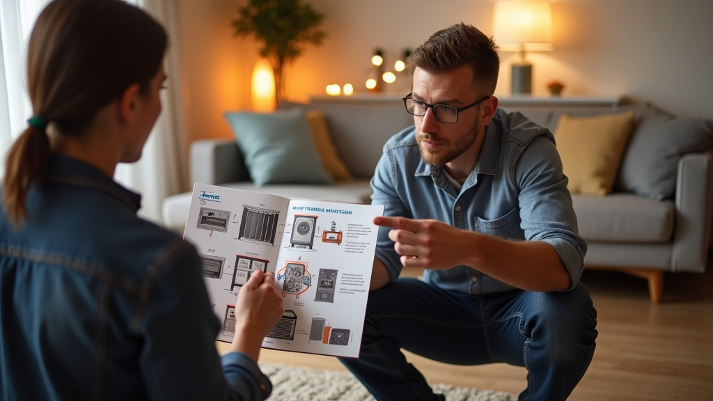 Man in a casual living room attentively discussing heating system options with a woman who is holding a brochure. He points to specific details on the brochure, engaging in a focused conversation about the technical aspects of heating solutions.