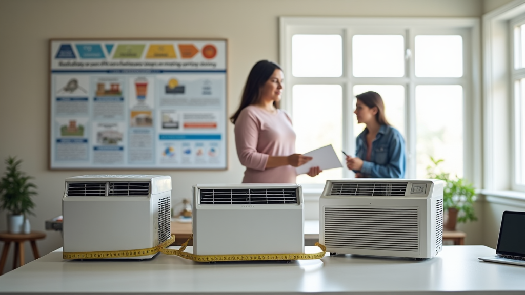 Two women engage in a discussion in a well-lit office setting, holding documents while standing in front of a table with three different air conditioning units lined up. Each unit has a measuring tape placed around it, suggesting a focus on their size or specifications. The background features an educational poster, adding to the professional atmosphere, while potted plants and large windows contribute to a fresh, open environment.