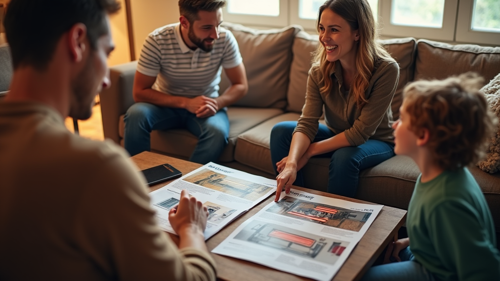 Family sitting together on a cozy living room sofa, reviewing home heating system brochures spread across the coffee table. Smiling and engaged, they discuss options, with a child curiously observing, creating a warm and collaborative atmosphere.