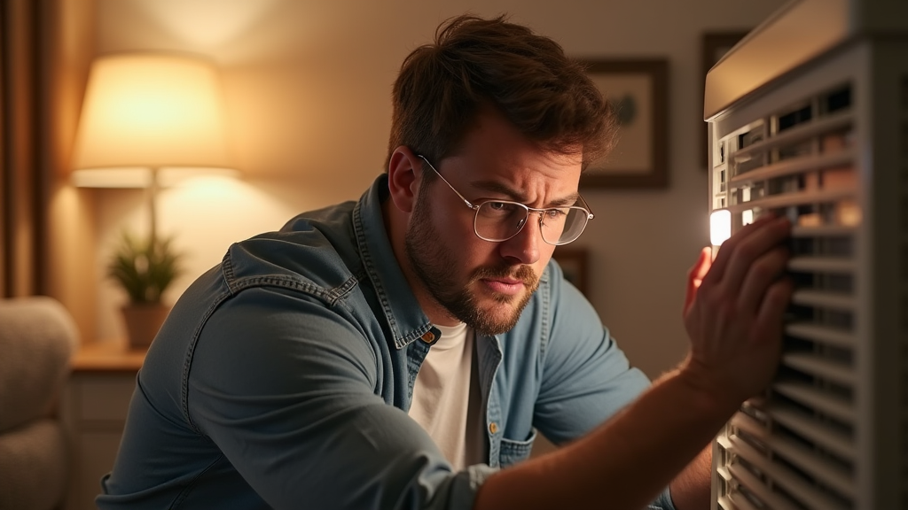 a man wearing glasses looking at a hvac system looking for common problems