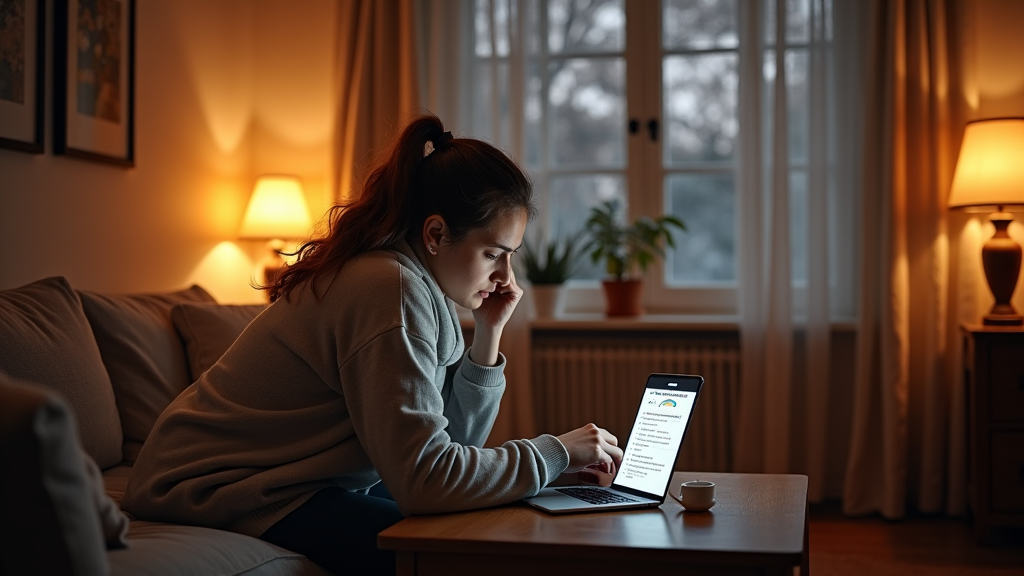 A woman in her living room at night learning how her air conditioning unit works on her laptop that is sitting on a table