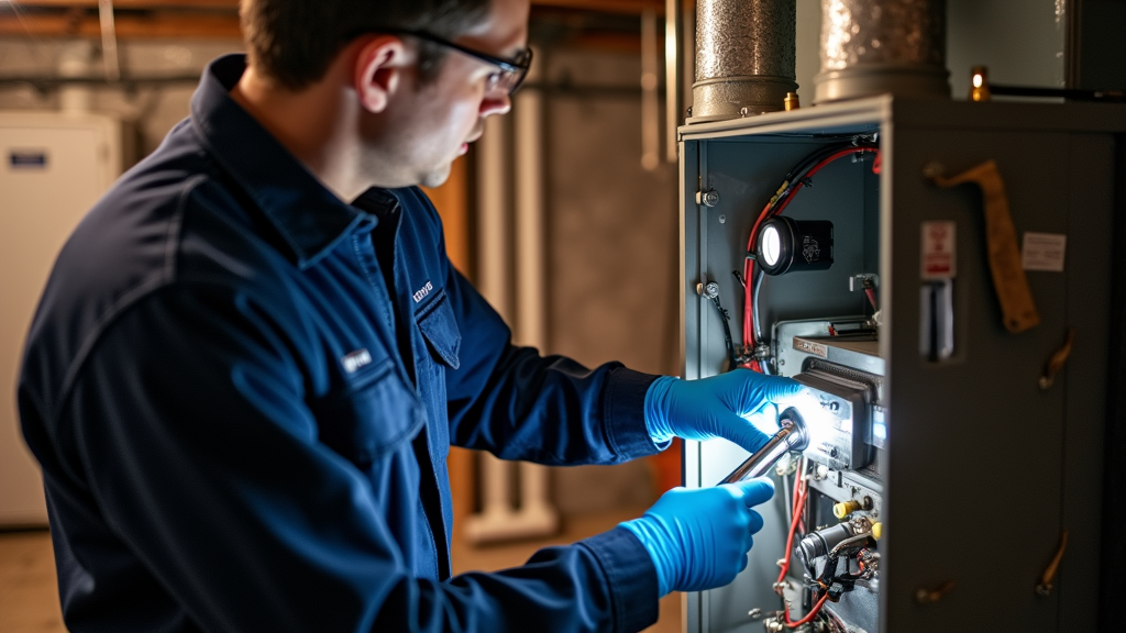 A technician in a blue uniform and gloves uses a flashlight to inspect a furnace, examining its internal components. The setting is a utility room with various pipes and cables in the background.