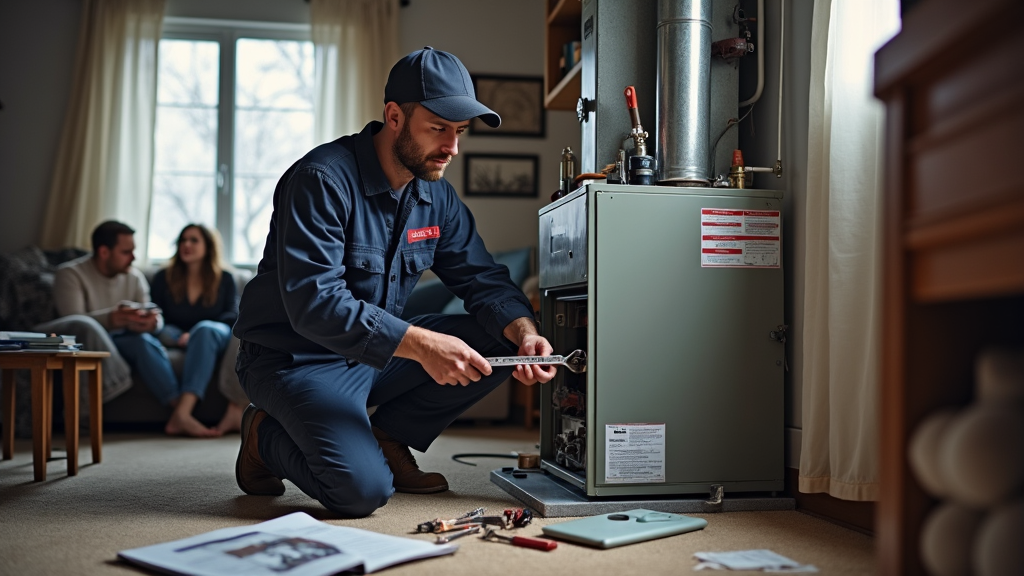 a technician working on a heater with tool on the floor