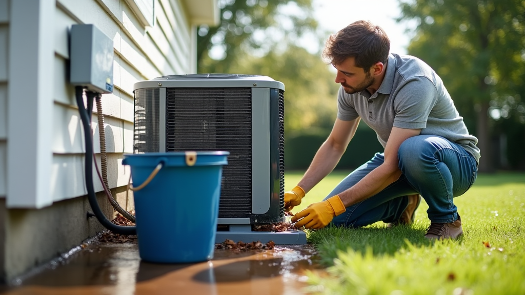 Home owner in forth worth tx unclogging his ac unit on the side of of his house 