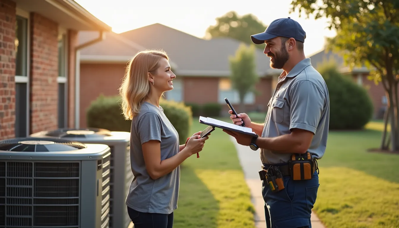 a technician wearing a blue hat, light gray shirt and blue pants holding a clipboard with a phone in his other hand. Talking to a lady home owner in a light gray shirt and black pants.