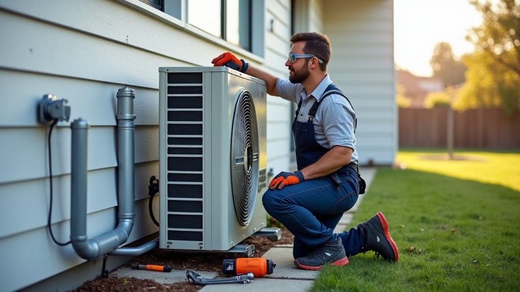 A technician wearing gloves and safety glasses kneels beside an outdoor air conditioning unit, examining it with tools on the ground.