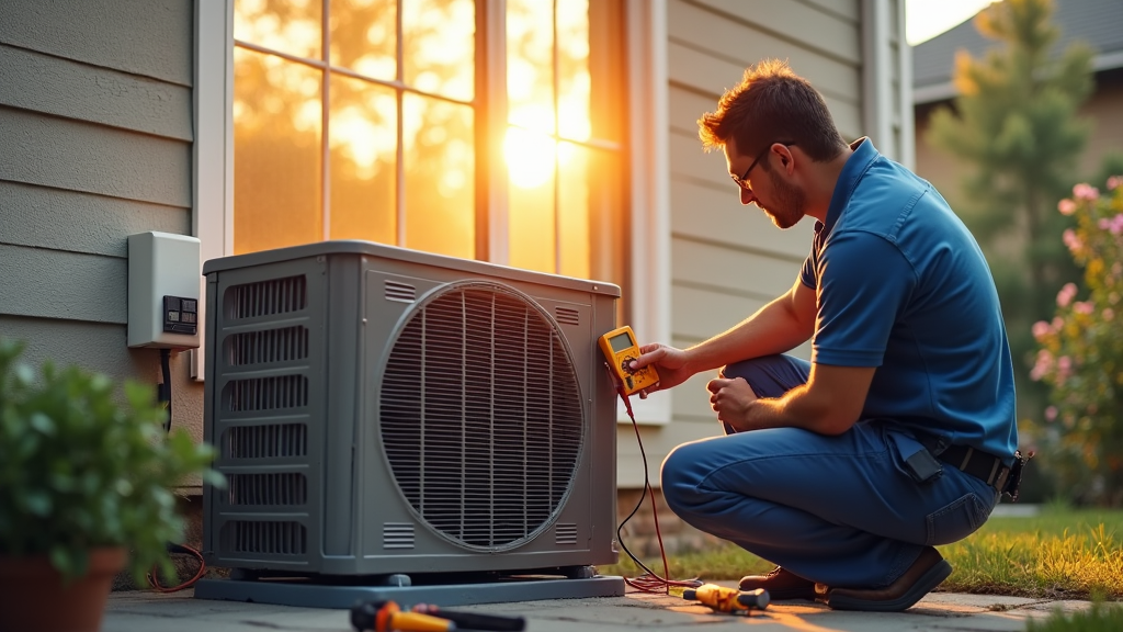 a technician doing a maintenance check on a home owners ac unit out side in fort worth texas