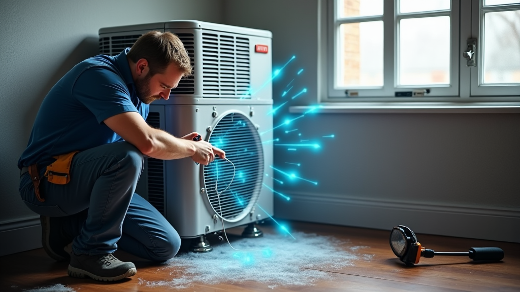 A man inspecting a broken heat pump to make the proper repairs 