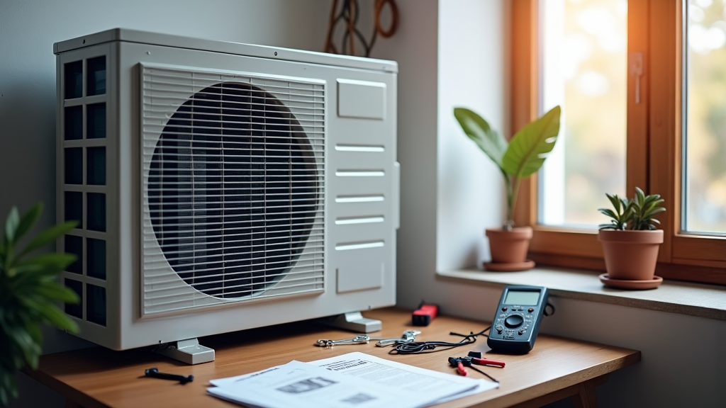 An A/c unit in a house with papers to help toy learn about heater pump maintenance