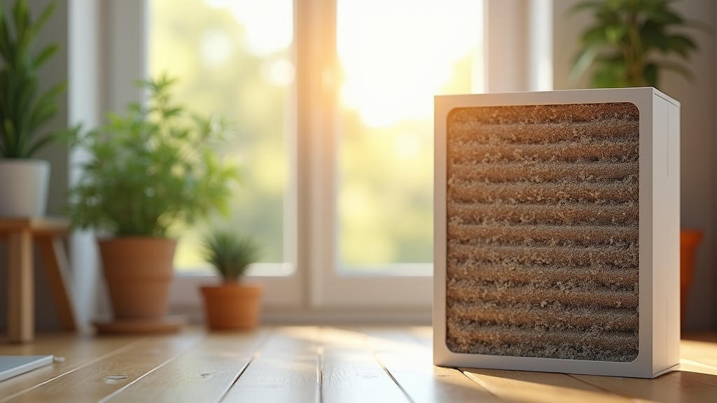 A dirty air filter in a warmly lit area in a home owners house, there are plaints in the back round that are all in vases.