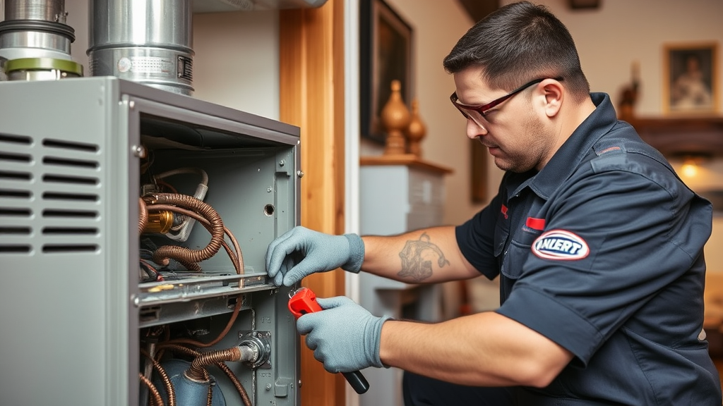 a technician wearing grey gloves, dark gray shirt, and safety glasses working on an a/c unit in a home owners house.