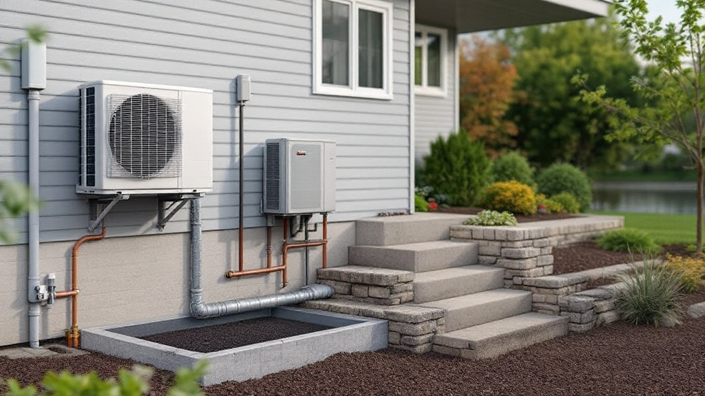 ac unit next to a house showing a type of heat pump in a nice sunny day.