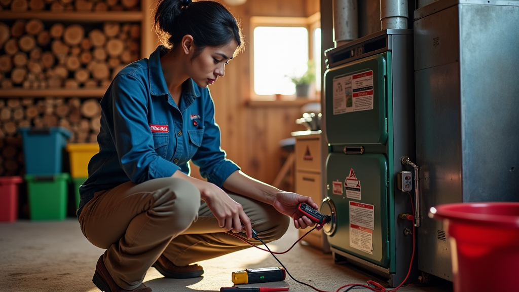 A technician in blue overalls examines the inside of a furnace, using a wrench. A multimeter is placed on the floor nearby. Natural light streams through a window, illuminating the workspace.