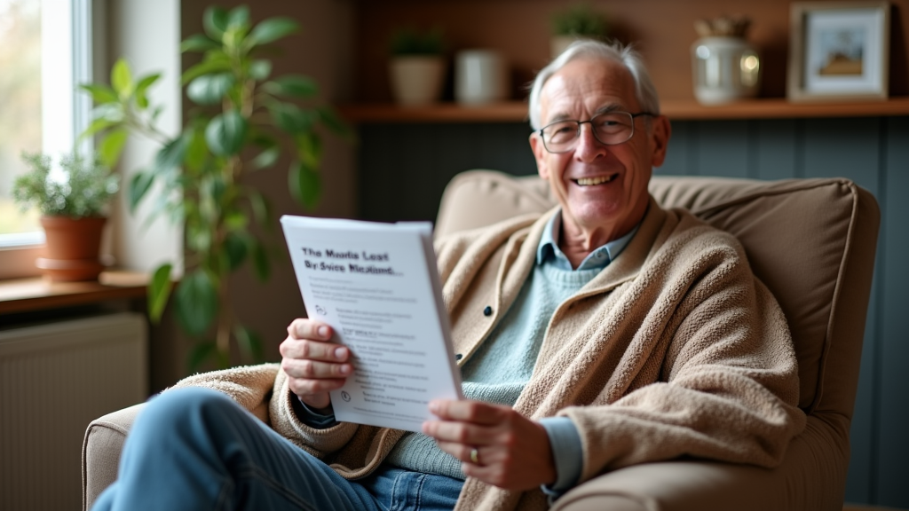 Elderly man sitting in a cozy armchair holding a booklet with a smile. He wears glasses, a light blue shirt, and a beige cardigan. The room has a warm ambiance with plants and shelves in the background.